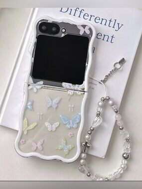 Clear Pastel Butterfly Phone Case with Beaded Wrist Strap - White Trim